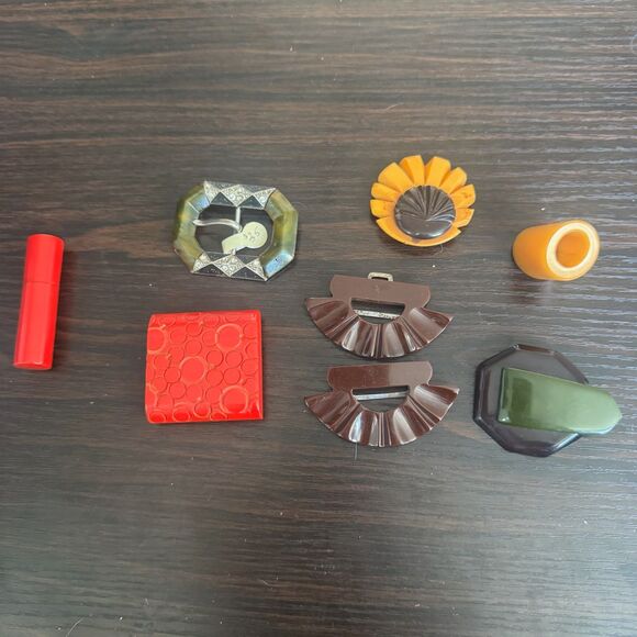Vintage Bakelite Collection 8 Pieces -Cigarette Holder Belt Buckle Dress Clips